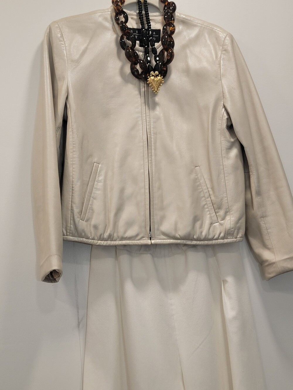 Women's Cream Leather Zip Jacket